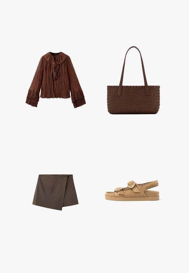 Blouse marron à manches longues avec tissu plissé, grand col à volants noué à l'avant et poignets à volants superposés.; Mini-jupe cache-cœur asymétrique marron en tissu lisse, avec un panneau avant chevauchant la couche de base.; Sandale plate en daim beige avec deux larges brides dotées de boucles dorées et une bride arrière réglable sur une semelle épaisse en caoutchouc.; Sac à main en cuir marron avec un motif tissé, avec deux longues anses fines pour un port à l'épaule.