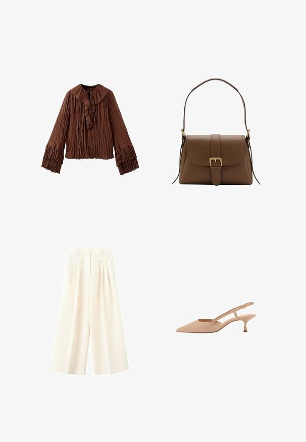 Bruine blouse met lange mouwen van geplooide stof, grote gerimpelde kraag die aan de voorkant is gestrikt en gelaagde volantmouwen.; Roomy, hoog getailleerde crèmekleurige broek met voorplooien, een tailleband met riemlussen en een klein klepzakje aan de rechterzijde.; Puntige, naakte slingback hakken met een lage kitten heel, gemaakt van glanzend materiaal, met een slanke band en een verstelbare gesp.; Bruine leren schoudertas met voorflap en gouden gesp, met verstelbare riem met gouden hardware op een witte achtergrond.