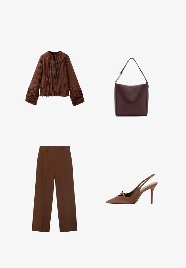 Blusa marrón de manga larga con tejido plisado, gran cuello con volantes anudado al frente y puños con volantes en capas.; Pantalones de pierna ancha marrones, confeccionados en un tejido suave con cintura alta, que cuentan con bolsillos frontales y un pliegue bien definido en la parte delantera.; Zapato de tacón alto slingback marrón con punta afilada, con un pequeño detalle de lazo en la parte delantera y un fino tacón de aguja.; Bolso de mano de cuero marrón oscuro con acabado liso, una correa de hombro ajustable y un cierre dorado sobre fondo blanco.