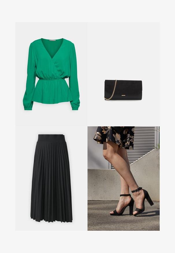 Anna Field Petite by Zalando Blouse - green; Zwarte geplooide rok met een brede tailleband, gekenmerkt door uniforme verticale plooien. Soepele textuur met een vloeiend ontwerp.; Zwarte suède hoge hakken sandalen hebben een enkelband met een gesp, een open teenontwerp en een chunky hak. Glad textuur en minimalistische stijl.; Zwarte clutch tas gemaakt van suede met een textuurafwerking, voorzien van een gouden schouderband en een strakke, hoekige vorm.
