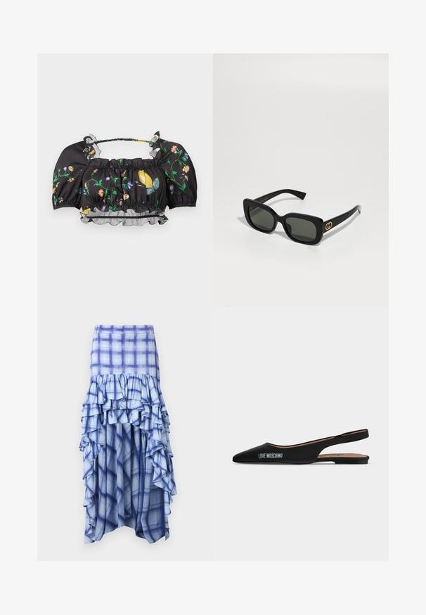 Sort cropped bluse med puffede ærmer, blomstermønster og citronprint, elastisk halsudskæring og kant, samt en gennemsigtig flæsekant nederst.; Blåternet nederdel med lagdelte rynker, der har forskellige nuancer af blå samt blå og hvide ternmønstre. Letvægtsstof, ankellængde design.; Sort spids slingback flad sko med lav hæl og "LOVE MOSCHINO"-logo på siden mod en enkel lys baggrund.; Sorte rektangulære solbriller med grønne linser. Tykk plastikramme med et guld-logo accent på siden. Glat, blank overflade.