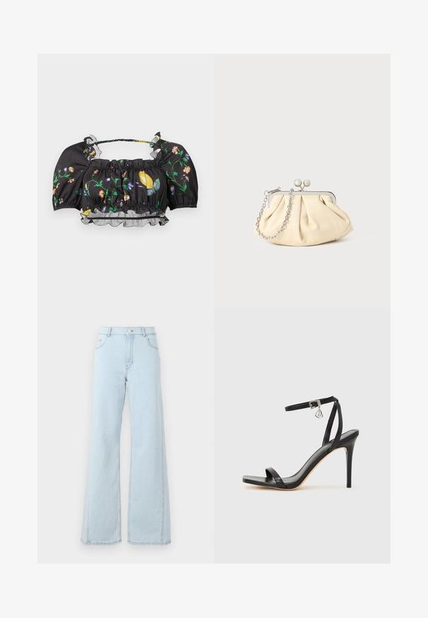 Blouse noire courte à manches bouffantes, imprimé floral et citrons, encolure et ourlet élastiques, avec un volant transparent en bas.; Des jeans en denim bleu clair à taille haute, à jambes larges, avec des poches avant et des détails de couture visibles sur les coutures et l'ourlet.; Sandale à talon haut noire avec une bride étroite à la cheville, bout carré, cuir lisse et accent de boucle métallique.; Pochette en cuir beige plissé avec un cadre en métal argenté, dotée de deux fermoirs ronds décoratifs et d'une chaîne en argent.