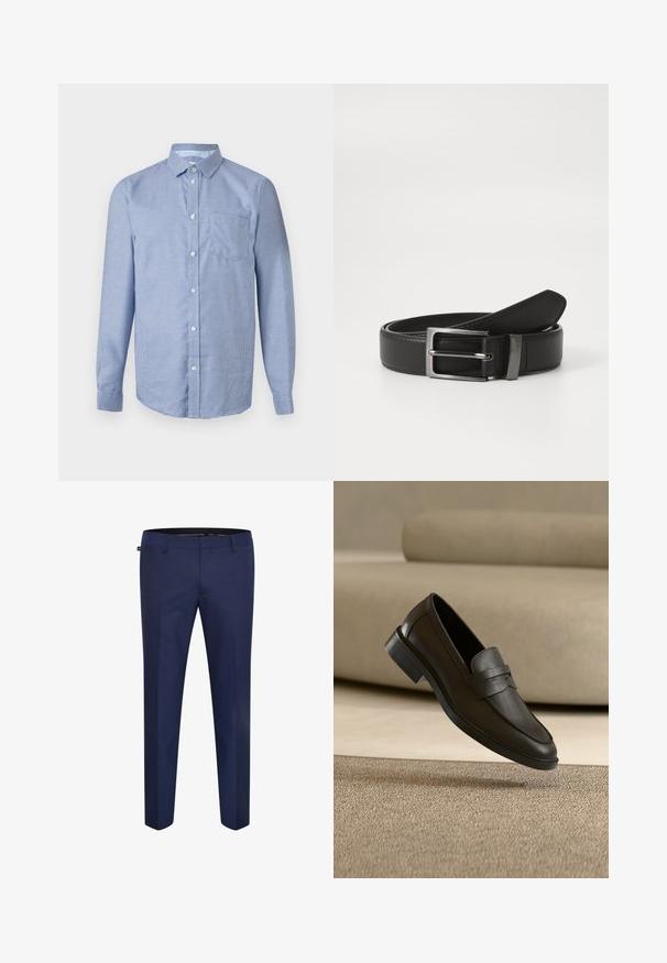 Overhemd met lange mouwen, knoopsluiting, met een klein blauw-wit geruit patroon, klassieke kraag en een borstzak aan de voorkant, op een neutrale achtergrond.; Marineblauwe op maat gemaakte broek van een gladde stof, met een slanke pasvorm en een vlakke voorkant zonder zichtbare zakken of versieringen.; Zwarte leren loafer die rust op een beige tapijt met een gebogen beige bank op de achtergrond.; Zwarte leren riem met een zilveren metalen gesp, met een gladde afwerking en een klassiek ontwerp. De riem is netjes opgevouwen.