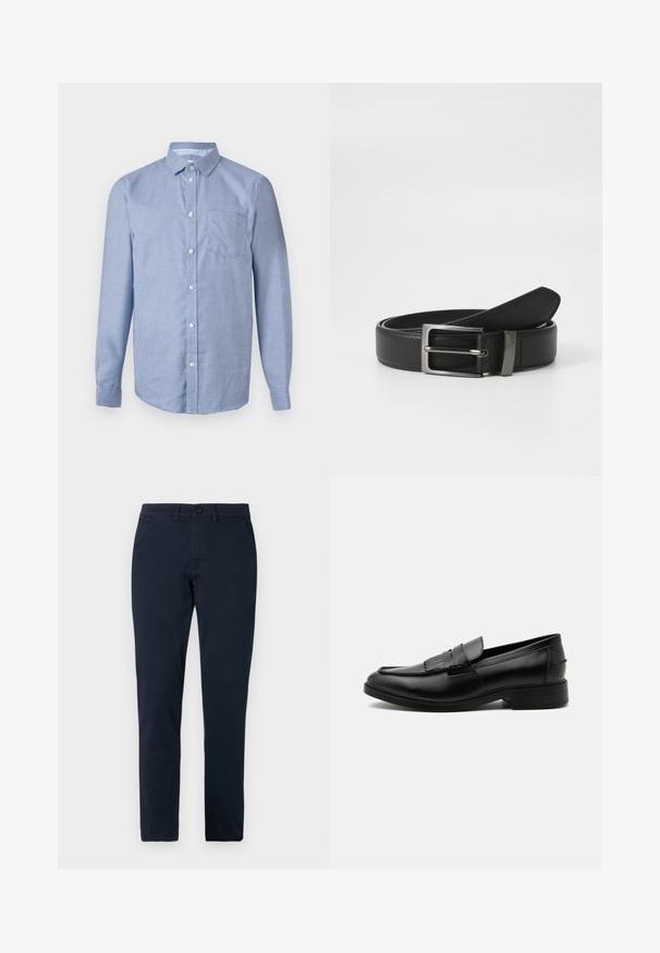 Camisa de manga larga con botones, patrón de cuadros pequeños en azul y blanco, cuello clásico y bolsillo frontal en el pecho sobre un fondo neutro.; Pantalones negros de corte ajustado para hombre con cierre frontal de botón y cremallera, trabillas para cinturón y bolsillos laterales.; Mocasín negro de cuero para hombre con detalle de borlas, punta redondeada, tacón bajo y acabado liso y pulido, mostrado de lado sobre un fondo blanco.; Cinturón de cuero negro con hebilla de metal plateada, que presenta un acabado suave y un diseño clásico. El cinturón está neatly doblado.