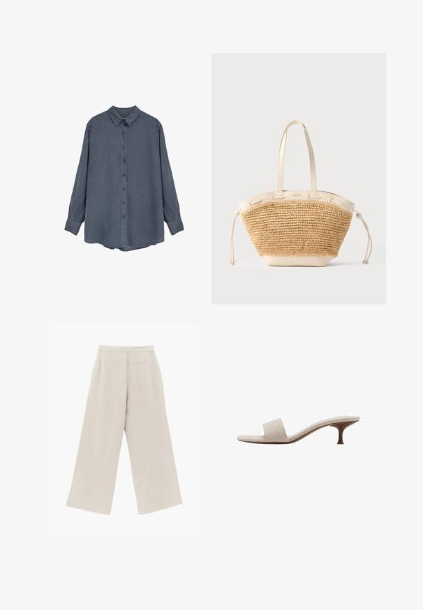 Chemise gris foncé à manches longues, boutonnée avec col et manches retroussées, présentée à plat sur fond blanc.; Pantalon large en lin beige avec poches passepoilées à l'arrière et passants pour ceinture, présenté à plat avec le dos sur le dessus.; Sandale sans talon avec une tige en tissu tissé beige, bout ouvert et semelle intermédiaire en bois courbé. Le design présente une texture lisse et une forme minimaliste.; Sac fourre-tout en paille tissée beige avec poignées, bordures et côtés à cordon en cuir crème sur fond gris clair.