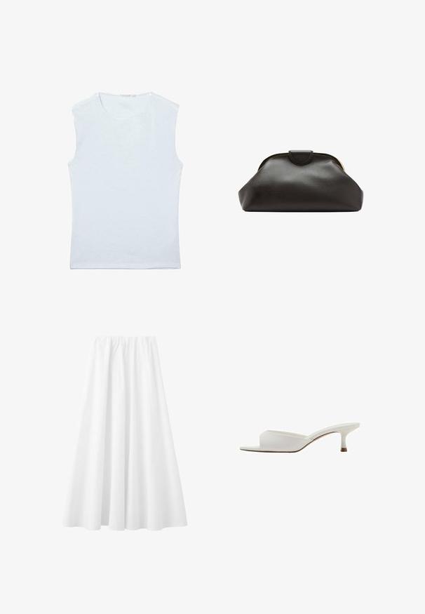Débardeur sans manches en coton blanc avec encolure ronde et un design simple et uni.; Longue jupe blanche avec une taille élastique et un tissu fluide s'étendant jusqu'à l'ourlet.; Mule ouverte blanche à bout ouvert avec un petit talon kitten bas et une tige en cuir lisse, montrée de profil sur un fond blanc.; Pochette en cuir noir souple avec un cadre arrondi et une petite fermeture à languette en haut au centre.