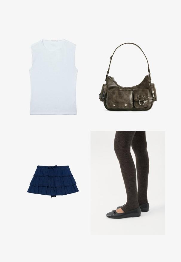 Débardeur sans manches en coton blanc avec encolure ronde et un design simple et uni.; Mini-jupe à volants bleue marine avec taille à cordon et détails volantés, fabriquée en tissu denim léger.; Jambes portant des leggings côtelés foncés associés à des ballerines noires avec de petits détails en nœud sur fond blanc.; Sac à main en cuir vert foncé de forme arrondie, avec des poches zippées et une poche à rabat à l'avant. Présente un matériel en argent et une finition texturée.