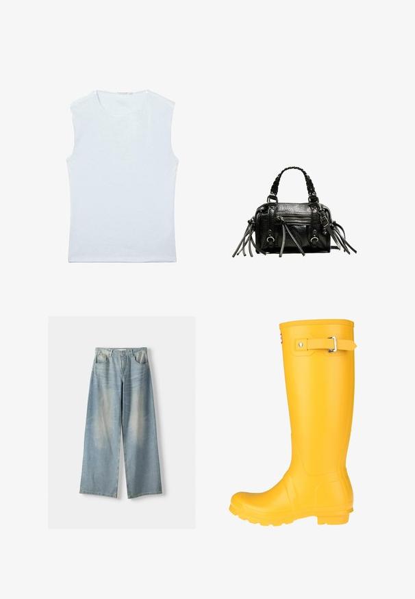 Ærmeløs hvid bomulds tanktop med rund halsudskæring og et enkelt, ensfarvet design.; Lyseblå vidde denimjeans med en falmet vask, der har fem lommer og en let krøllet tekstur. Synlig stikning.; Gul gummistøvle med en glat overflade, justerbar spænde, og tekstureret sål for bedre greb. Høj design, rund tå, og sømløs krop.; Sort læderhandtaske med flettede håndtag, tekstureret overflade, lynlåslomme foran og dekorative frynse-accenter. Kompakt og struktureret form.