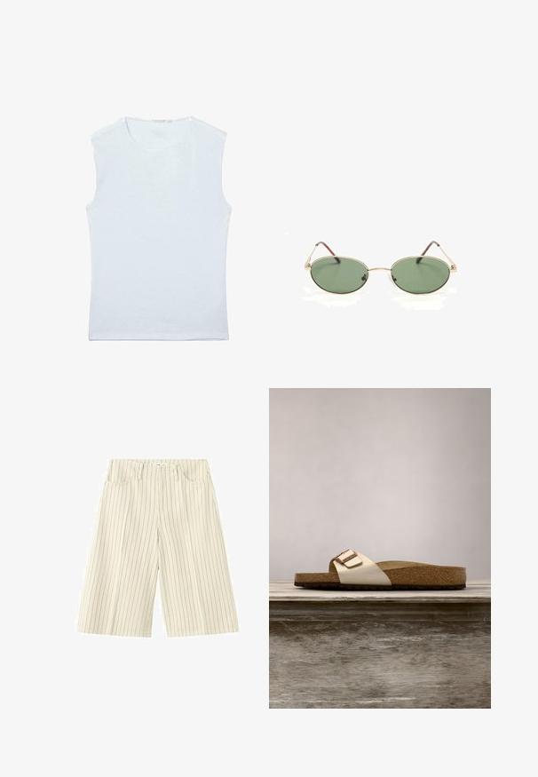 Mouwloos wit katoenen singletje met ronde hals en een eenvoudig, effen ontwerp.; Beige wijde shorts met dunne verticale zwarte strepen, voorzakken, lussen voor een riem en een sluiting met ritssluiting aan de voorkant.; Slide-sandaal met een lichte metallic bovenkant, kurken voetbed en een gestructureerde bruine rubberen zool. Gespdetail met logo-accent.; Ovale zonnebril met goudkleurig metalen montuur, groene getinte glazen en dunne pootjes, liggend op een witte ondergrond.