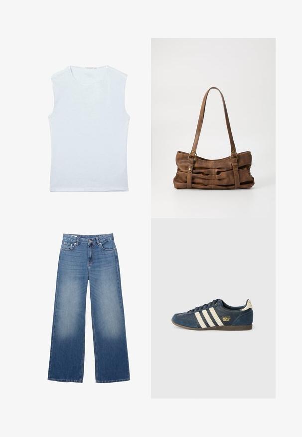 Ärmelloses weißes Baumwoll-Trägershirt mit rundem Ausschnitt und einfachem, schlichtem Design.; Blaue Jeans im Weitbein-Stil aus Denim mit vorderem Knopf und Reißverschluss, ausgestattet mit Front- und Gesäßtaschen sowie leichter Verwaschung an den Oberschenkeln.; Marineblaue Wildledersneaker mit cremefarbenen Streifen, strukturiertem Zehenbereich, goldenem "adidas JAPAN"-Logo und brauner Gummisohle. Klassisches Low-Top-Design.; Even&Odd Handtasche - brown