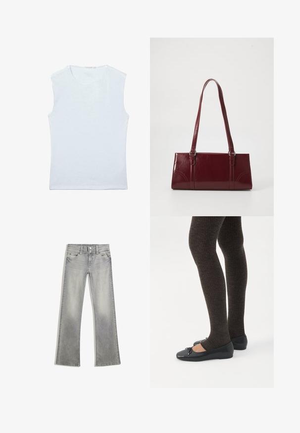 Mouwloos wit katoenen singletje met ronde hals en een eenvoudig, effen ontwerp.; Grijze denim flared jeans met een vervaagde afwerking, voorzien van een knoopsluiting, vijf zakken en gestikte details langs de tailleband en zoom.; Benen met donkere geribbelde leggings gecombineerd met zwarte ballerina's met kleine strikdetails op een witte achtergrond.; Bourgondische handtas van glanzend materiaal, rechthoekige vorm, met twee schouderbanden en subtiele gebogen accenten aan de voorkant.
