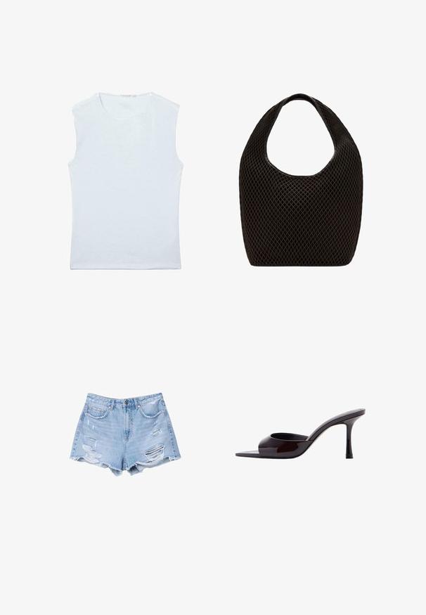 Ärmelloses weißes Baumwoll-Trägershirt mit rundem Ausschnitt und einfachem, schlichtem Design.; Helle blaue Jeansshorts mit fransigen Säumen und distressierten Details, ausgestattet mit Fronttaschen und einem Knopfverschluss.; Schwarzer Lackleder-Pantolette mit offenem Zeh, schlankem mittelhohem Stiletto-Absatz und niedrigem oberen Riemen.; Schwarze offene Mesh-Tasche mit rundem oberen Griff und breitem, geschwungenem Körper.