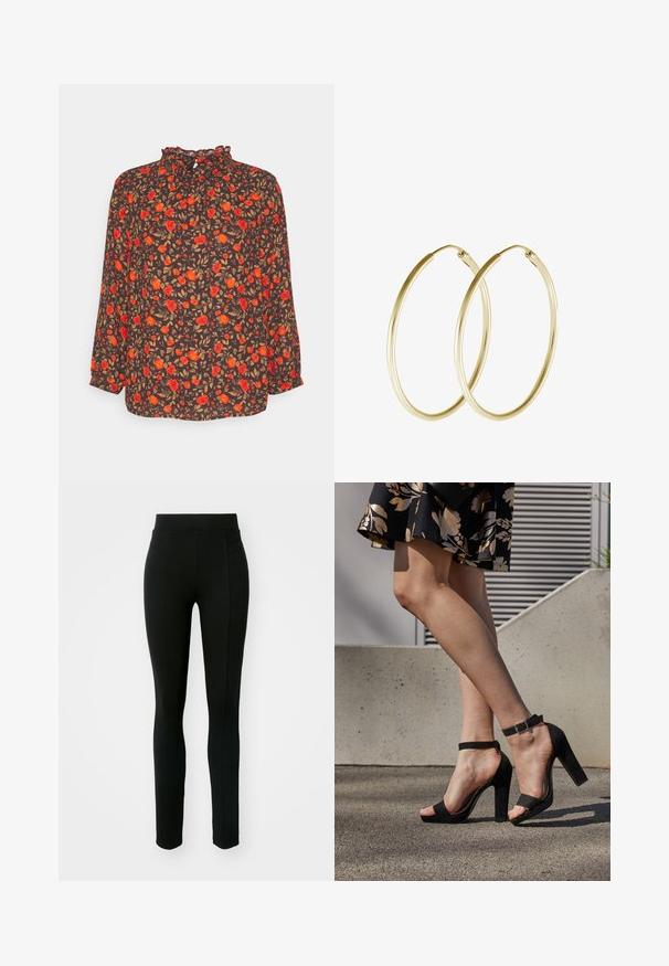 Anna Field Petite by Zalando Bluse - black; Sorte leggings lavet af strækbart materiale, med høj talje, tætsiddende pasform og to frontlommer uden synlige syninger.; Sorte ruskinds høje hæle sandaler har et ankelstrop med spænde, åben tå design og en kraftig hæl. Glat tekstur og minimalistisk stil.; Guld hoops øreringe med et glat, rundt design og en blank finish. Letvægts konstruktion med en sikker låsemekanisme.