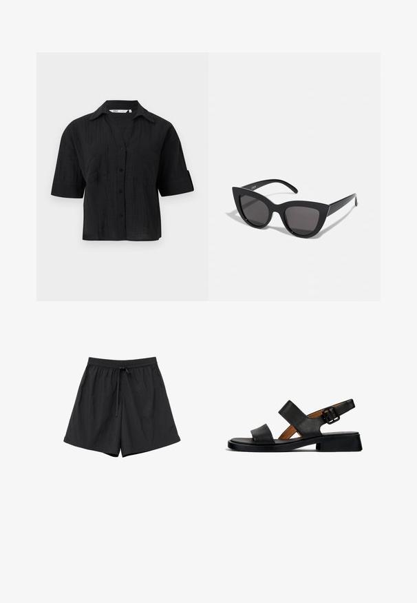 Schwarzes kurzärmeliges Hemd mit Knopfleiste und Kragen, strukturierter Stoff, zwei Brusttaschen und hochgekrempelte Ärmel vor hellem grauem Hintergrund.; Schwarze locker sitzende Shorts mit elastischem Bund und vorderem Kordelzug, aus leichtem Stoff.; Schwarze Leder-Sandale mit zwei horizontalen Riemen und einem geschnallten Knöchelriemen. Flache, strukturierte Sohle mit einem leichten Absatz und einer glatten Oberfläche.; Schwarze Cat-Eye-Sonnenbrille mit matter Oberfläche, grauen getönten Gläsern, scharfen Kanten und schlanken Bügeln. Der Markenname ist auf dem inneren Bügel sichtbar.