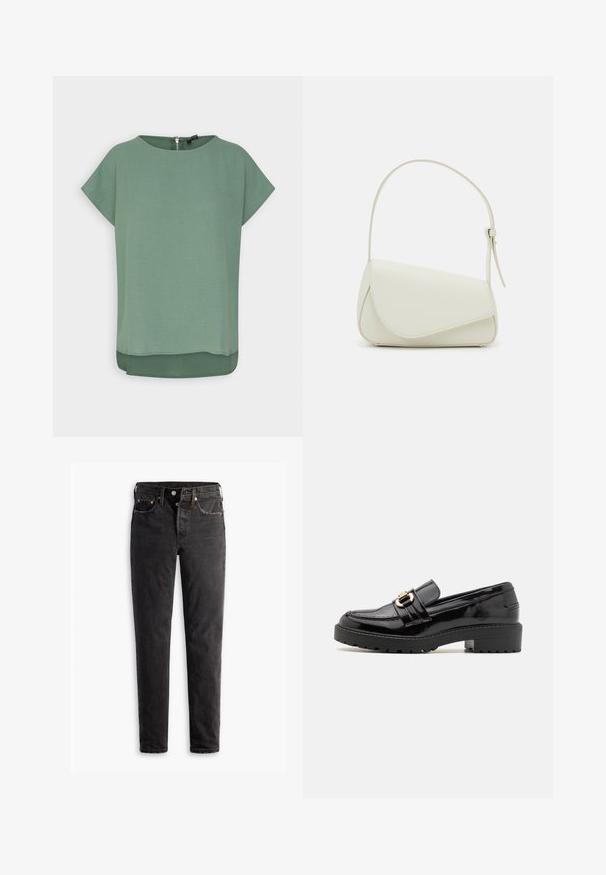 Vero Moda VMINGE - Bluse - dark forest; Schwarze Jeans aus Denim mit geradem Bein, fünf Taschen, kupferfarbenen Beschlägen und einer leicht ausgebleichten Textur.; Schwarze Lackleder-Loafer mit einem niedrigen Blockabsatz, die über eine auffällige goldfarbene Schnalle und eine strukturierte, geriffelte Außensohle verfügen.; Weiße Kunstleder-Handtasche mit einer strukturierten dreieckigen Form, einem verstellbaren Einzelgurt und einem Klappenverschluss mit geschwungenen Akzenten.