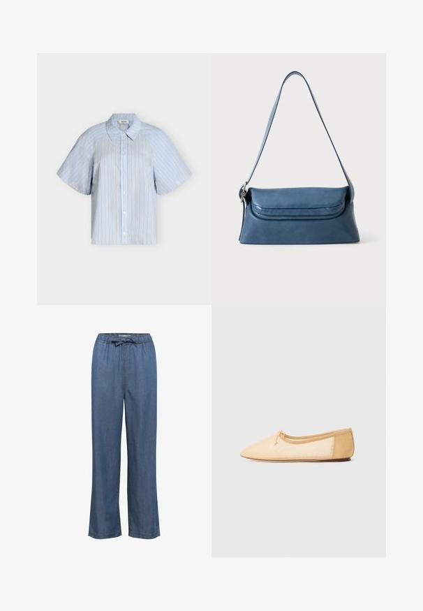 Lyseblå kortærmet skjorte med lodrette beige og hvide striber og klassisk krave på hvid baggrund.; Bredde denim bukser i en mellemblå tone, med en elastisk talje og justerbar snor samt lige ben for en afslappet pasform.; Beige ballerina flade med spids tå, sløjfedetalje og elastisk kant. Glat materiale og minimalistisk design, flad sål.; Blå læder skuldertaske med lang rem og en klaplukning, vist på en ensfarvet lys baggrund.