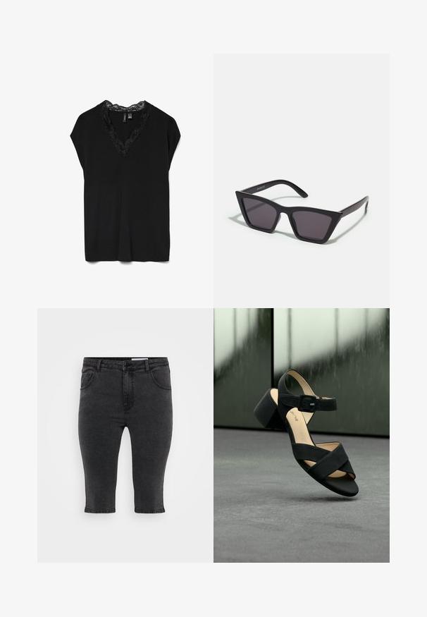 Sort ærmeløs top med V-udskæring kantet med blonder, lavet af blødt stof, lagt fladt på en hvid baggrund.; Sorte denim capri-bukser med lige skæring, fem lommer og tonalt syning. Stoffet har en let tekstur og et klassisk design.; Sort højhælet sandal med krydsede stropper, ankelspænde, glat tekstur og en robust blokhæl. Sålen har en lys farve.; Sorte, kantede solbriller med grå linser; lavet af plast, med tykke stænger med en glat overflade og ingen synlig hardware.