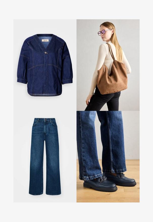 Dunkelblaue Jeansjacke mit V-Ausschnitt, lockeren Ärmeln und gerafften Manschetten. Verfügt über kontrastierende Nähte und einen einzelnen Knopfverschluss vorne.; Hochtaillierte, weit geschnittene Jeans in dunkelblauem Denim mit glatter Textur, Kontrastnähten und einem Fünf-Taschen-Design. Verschluss mit einem Frontknopf.; Dunkelblaue Leder Schuhe mit einer massiven Sohle und Kettendetails auf dem Obermaterial, kombiniert mit lockeren, dunkelblauen Jeans.; Braune Wildleder-Tasche mit weicher Textur, großer Öffnung und langen Trägern. Sie verfügt über ein simples Design mit sichtbarem Stich und ohne Beschläge.