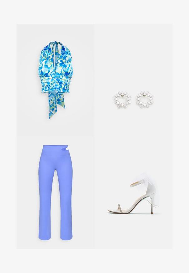 Gina Tricot MULTIWAY - Μπλούζα - blue flower; Φωτεινά γαλάζια κολάν με φαρδιά καμπάνα, ψηλή μέση και μια διάτρητη λεπτομέρεια στο πλάι. Κατασκευασμένα από λείο, ελαστικό ύφασμα.; Λευκή σανδάλι με ψηλό τακούνι και διαφανές δίχτυ από φιόγκο, διακοσμημένο με μεταλλική λωρίδα. Διαθέτει λεπτό τακούνι και λεία επιφάνεια.; Κυκλικά σκουλαρίκια από μέταλλο, διακοσμημένα με πολλούς διαυγείς, φεγγιζόντες λίθους τοποθετημένους σε μια λαμπερή διάταξη. Άχρωμα και ανακλαστικά.