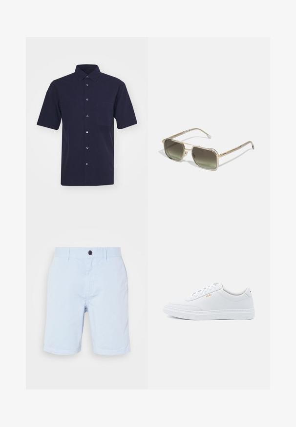 Dunkelblaues Kurzarmhemd aus einem glatten Stoff. Verfügt über einen klassischen Kragen, eine Knopfleiste und eine Brusttasche.; Hellblaue Baumwollshorts mit einem vorderen Knopfverschluss, Gürtelschlaufen und geradem Schnitt. Glatte Textur ohne sichtbare Muster.; Weiße Leder-Sneaker mit glatter Textur, runder Zehenpartie und tonal abgestepptem Design. Mit blauen Schnürsenkeln und einem goldenen Logo an der Seite.; BOSS Sonnenbrille - grey gold