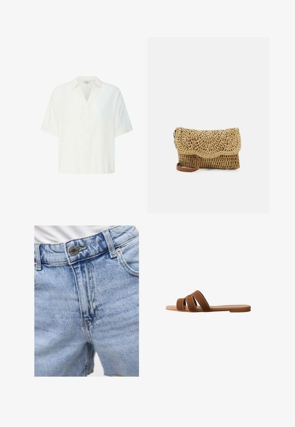 Hvid kortærmet skjorte med knapper, krave, lige kant og afslappet pasform.; Lyseblå denim shorts med høj talje, synlig syning, to forlommer og metalknaplukning. Glat tekstur.; Brun ruskindssandal med tre overlappende remme, en flad sål og kontrasterende hvide syninger på remmene som detalje.; Pieces Crossbody PCVIOLET - Skuldertasker - nature