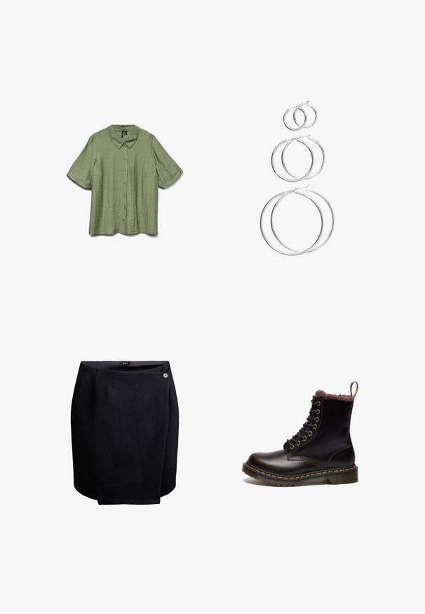 Chemise à manches courtes, de couleur vert clair, avec un col, en tissu texturé et boutons marron. Présente une coupe ample et un design simple.; Jupe noire enveloppante avec une fermeture à bouton sur le côté, fabriquée en tissu lisse, arrivant au genou avec un léger détail de superposition.; Bottines en cuir noir avec doublure en fourrure, bout arrondi, laçage à l'avant, œillets dorés et couture jaune le long de la semelle et du bord.; Ensemble de quatre paires de boucles d'oreilles créoles en argent de tailles variées, avec une finition lisse et polie et des fermoirs à charnière pour un port sécurisé.
