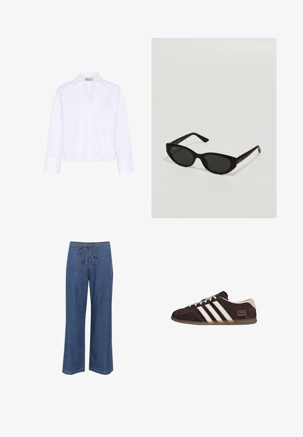 Witte blouse met lange mouwen, kraag, een V-hals en een enkele borstzak, weergegeven op een eenvoudige witte achtergrond.; Denim wijde pijpen broek met een trekkoord in de taille, in een middelblauwe kleur, rechte snit en subtiele stikseldetails.; Bruine suède sneakers met drie witte strepen, rubberen zool en een tekstlabel met de tekst "Gazelle" in goud. Vetersluiting met grijze veters.; Zwarte zonnebril met een smal, kattenoogvorm. Gemaakt van glad plastic, met donkere glazen en subtiele logo-accenten op de veren.