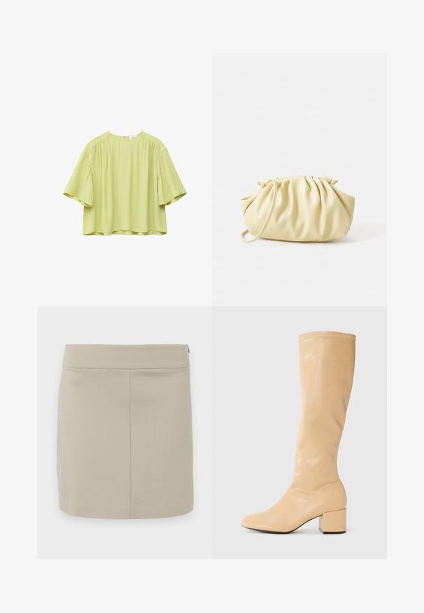 Lichtgroene blouse met losse pasvorm, korte wijde mouwen en subtiele plooitjes bij de schoudernaden, met een ronde halslijn.; Beige minirok gemaakt van zachte stof, met een rechte snit, eenvoudig ontwerp en een verborgen ritssluiting aan de zijkant.; Anna Field by Zalando Laarzen - beige; Geel geplooide handtas van soepel nepleer, met een zachte vorm, een enkele schouderriem en een verzameld ontwerp aan de bovenkant.