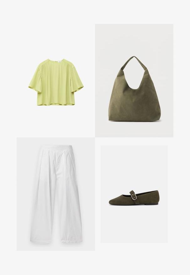 Blouse vert clair à coupe ample avec manches courtes larges et fronces discrètes près des coutures d'épaule, avec un col rond.; Pantalons larges blancs en tissu léger. Dotés d'une coupe ample, de plis à l'avant et d'une taille élastique.; Chaussure plate Mary Jane en daim vert olive avec bride à boucle argentée et bout arrondi, présentée sur fond blanc.; Sac à bandoulière en cuir souple vert olive avec une large sangle unique et une forme décontractée et non structurée sur un fond clair.