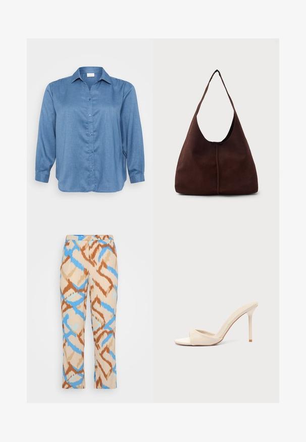 Blå denimskjorte med kravehals, lange ærmer, knaplukning foran og en let løs pasform. Glat tekstur med en subtil glans.; Mønstrede bukser i beige med et blåt og brunt abstrakt design. Lavet af letvægtsmateriale med en lige benpasform.; Beige højhælede mule med åben tå, polstret rem og slank stiletthæl på en ensartet lys baggrund.; Brun suedette hobo taske med en stor, buet åbning og en bred skulderrem. Har en centreret søm på forsiden. Glat tekstur.