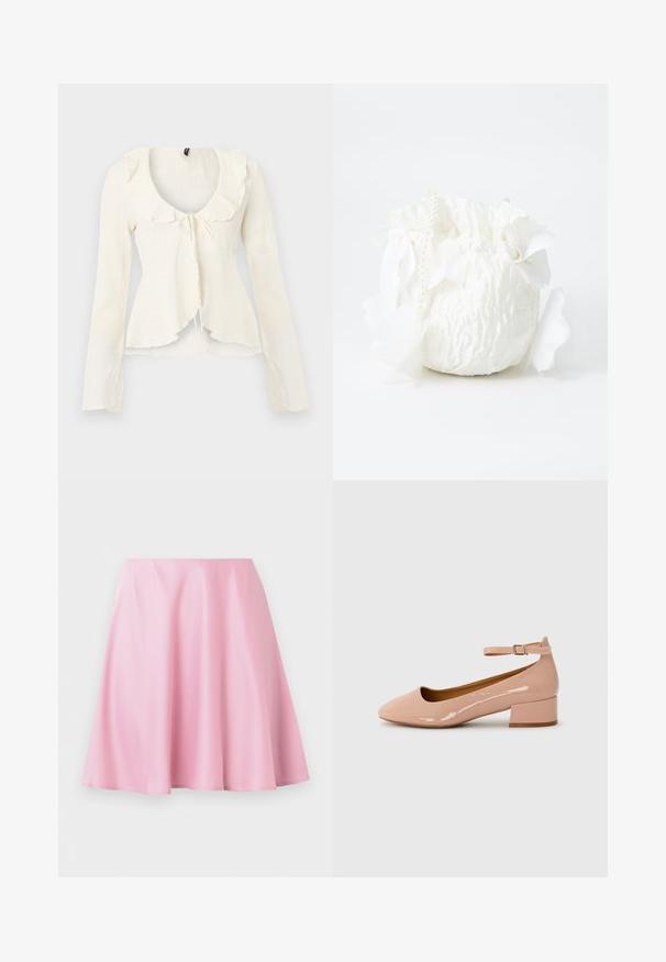 Blusa crema de manga larga con cuello con volantes y detalle de lazo en la parte delantera, confeccionada en tela texturizada y con bajo ligeramente acampanado.; Falda línea A de largo hasta la rodilla en color rosa, con tela suave y ligeras arrugas, exhibida sobre un fondo blanco liso.; Zapatilla plana de charol rosa con punta redondeada, tira al tobillo y tacón bajo. Textura suave y diseño minimalista.; Bolsa de tela blanca con un acabado texturizado, que cuenta con un cierre de cuerda en la parte superior, pétalos decorativos blancos y una correa adornada con perlas.