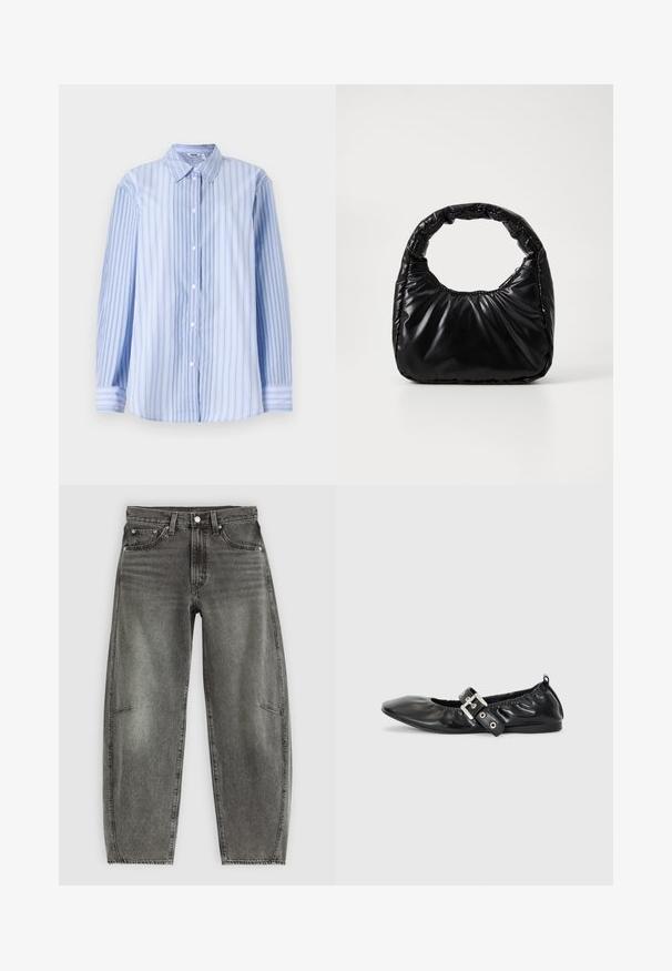 Camisa de manga larga a rayas azul y blanca, hecha de una tela ligera, con un cuello clásico y cierre de botones en la parte delantera.; Jeans de mezclilla gris deslavado de cintura alta con cinco bolsillos, cierre de botón y un corte recto relajado.; Zapato plano de piel negra con puntera afilada, detalle fruncido alrededor de la abertura y un acento de hebilla plateada en la correa ajustable.; Bolso negro acolchado con un asa redondeada, que presenta una superficie lisa y brillante y una textura suave y acolchada. Sin herrajes ni acentos visibles.