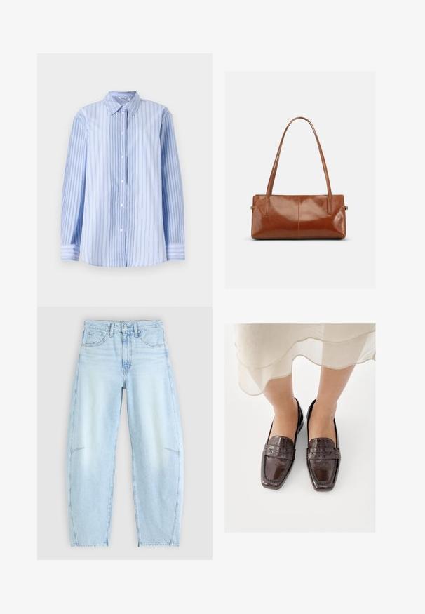 Langärmliges Hemd mit blauen und weißen Streifen aus leichtem Stoff, mit einem klassischen Kragen und einer Knopfleiste an der Vorderseite.; Hellblaue Denim-Jeans mit relaxed Fit, hoher Taille, Fünf-Taschen-Design und subtilen Ausbleichungen sowie ausgefransten Saumdetails.; Braune Leder-Loafers mit glänzendem Finish, quadratischer Spitze, gesteppten Akzenten und niedrigem, flachem Absatz.; Rechteckige braune Lederhandtasche mit zwei langen Schulterriemen, glattem glänzendem Finish und minimalistischem Design vor einfarbigem Hintergrund.