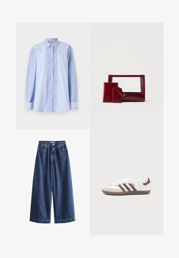 Chemise à manches longues rayée bleue et blanche en tissu léger, avec un col classique et une fermeture à boutons sur le devant.; Pantalon en denim bleu à jambes larges avec bouton sur le devant, fermeture éclair, passants de ceinture et design cinq poches.; Baskets Adidas Samba blanches avec des bandes en daim marron, semelle en caoutchouc marron et bout en daim beige, vues du côté extérieur sur un fond uni.; Ensemble de pochettes en cuir bordeaux comprenant un devant transparent, un petit porte-cartes et une étiquette de bagage, tous dotés de textures lisses et de détails embossés.