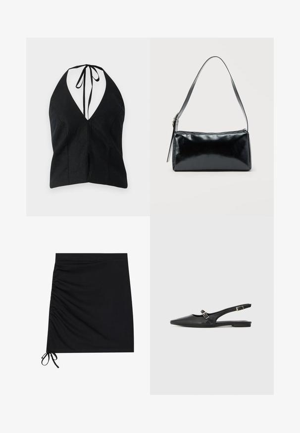 Haut à col halter noir avec un décolleté en V profond, fabriqué en tissu texturé. Il présente un lien de fermeture à l'arrière et des fentes sur les côtés.; Mini-jupe noire en tissu doux, dotée de fronces sur les côtés et de liens à l'ourlet. Texture lisse avec une silhouette ajustée.; Chaussures slingback en cuir noir avec un bout pointu, comprenant une lanière étroite et un accent de boucle argentée sur le côté. Semelle plate.; Sac d'épaule rectangulaire noir avec une sangle réglable unique et une fermeture éclair supérieure sur un fond uni.