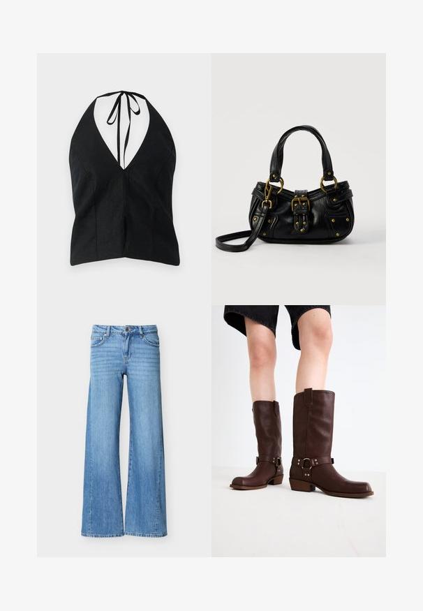 Zwarte haltertop met een diepe V-hals, gemaakt van gestructureerde stof. Heeft een striksluiting aan de achterkant en zijslits.; Lichtblauwe denim jeans met een hoge taille, knoop- en ritssluiting, voorzakken en wijde pijpen.; Bruine leren kniehoge laarzen met een ronde neus, gestructureerd oppervlak, enkelriem en zilveren hardware-detail; opgestapelde hak.; Zwarte leren handtas met gouden gesp en klinknagel details, korte handvatten en een verstelbare schouderriem op een effen witte achtergrond.