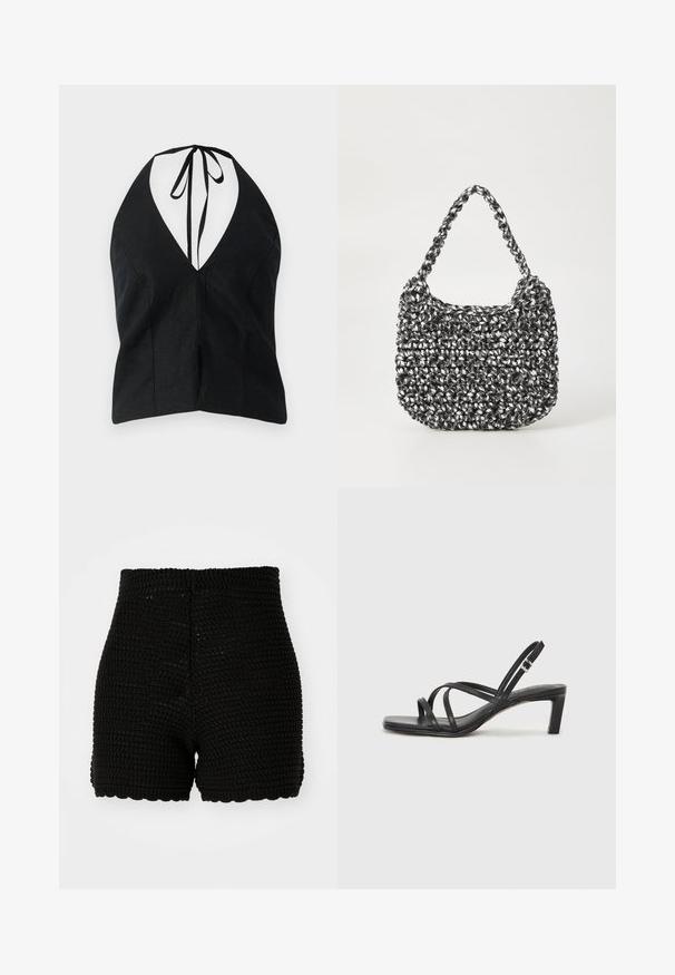 Haut à col halter noir avec un décolleté en V profond, fabriqué en tissu texturé. Il présente un lien de fermeture à l'arrière et des fentes sur les côtés.; Shorts en crochet noirs avec une texture côtelée, taille haute et ourlet festonné. Conçus pour une silhouette ajustée et en matériau respirant.; Sandale noire à lanières avec un bout carré et un petit talon bloc. Elle présente plusieurs fines lanières et une sangle de cheville ajustable. Fabriquée en cuir lisse.; Sac en osier noir et blanc de forme arrondie, avec une surface texturée et une poignée tressée. Convient à un usage décontracté.