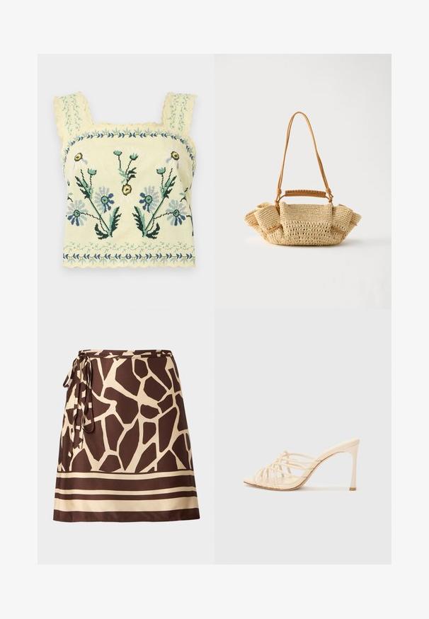 Gul cropped top med blå og grøn blomsterbroderi og bølget kant på stropper og kant.; Brun og beige giraffemønstret omslagsnederdel med sidebind og vandrette striber nær kanten.; Beige højhælede mules med et stribet design. Har en firkantet tå, en glat tekstur og en slank hæl med en gylden accent ved bunden.; Vævet beige håndtaske med en lang tynd strop og opsamlede sider, med et kort håndtag indpakket i læder til forskellige bære muligheder.