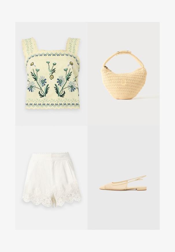 Gul cropped top med blå og grøn blomsterbroderi og bølget kant på stropper og kant.; Hvide højtaljede shorts med bølgede kanter og detaljeret blondebroderi langs kanten, med en skjult lynlås fortil.; Slingback fladsko i lys beige med en mesh-overdel, spids tå og en lav hæl. Har en justerbar strop for bedre pasform.; Beige vævet håndtaske med afrundet krop, lynlås, og en kort, tyk strop i en enkel, tekstureret hæklestil.