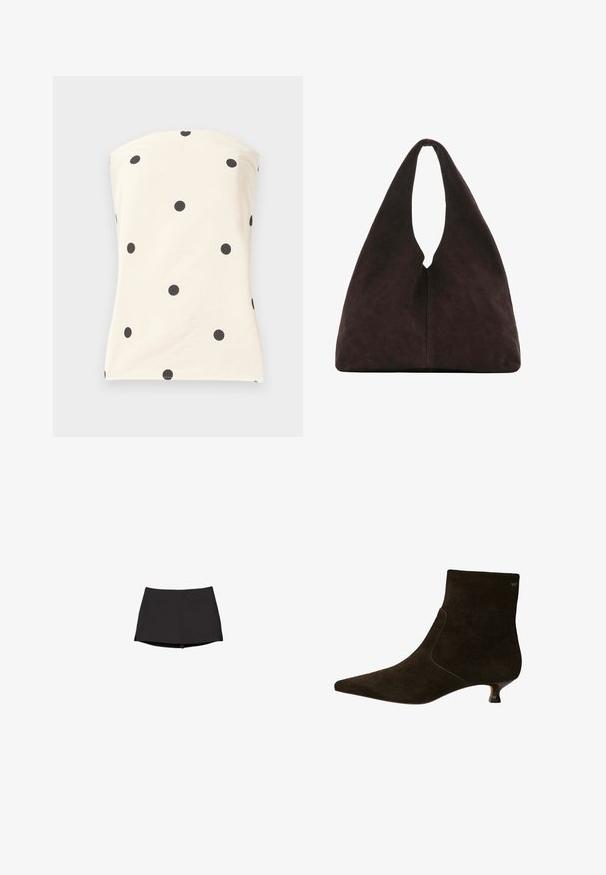Cremefarbenes trägerloses Top mit gleichmäßig verteilten großen schwarzen Polka-Dots, enganliegender und glatter Stoff.; Schwarzer athletischer Skort mit tailliertem Bund und kurzem Saum, entworfen für sportliche Aktivitäten mit glattem, dehnbarem Stoff.; Braune Wildleder-Stiefeletten mit spitzer Zehenform, niedrigem Kitten-Heel und seitlichem elastischem Detail für einen perfekten Sitz. Schlichtes Design ohne zusätzliche Verzierung.; Weiche dunkelbraune dreieckige Schultertasche mit einem einzelnen breiten Grifföffnung oben und glatter Oberflächenstruktur.