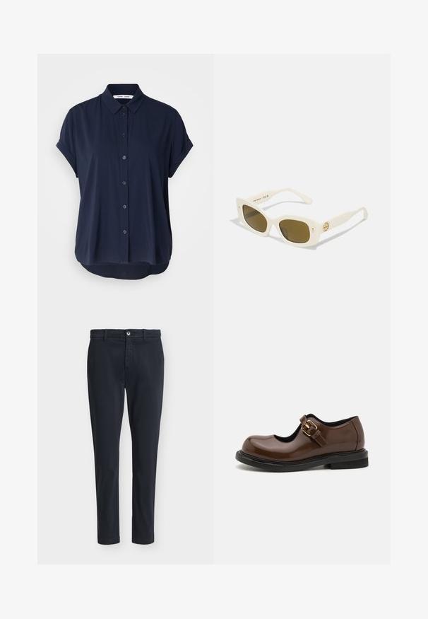 Marineblauwe korte mouw button-up shirt met een kraag, gladde stof en afgeronde zoom. Bevat zes knopen aan de voorkant.; Donkerblauwe slim-fit herencasualbroek met knoopsluiting en riemlussen, afgebeeld op een effen lichtgrijze achtergrond.; Bruine gepatineerde leren Mary Jane-schoen met een rond neus, enkelriem en gouden gesp, gestructureerd oppervlak en vlakke zwarte zool.; Witte kunststof zonnebril met een rechthoekig montuur, bruine glazen en een gouden accent op de tempel. Soepele textuur en modern ontwerp.