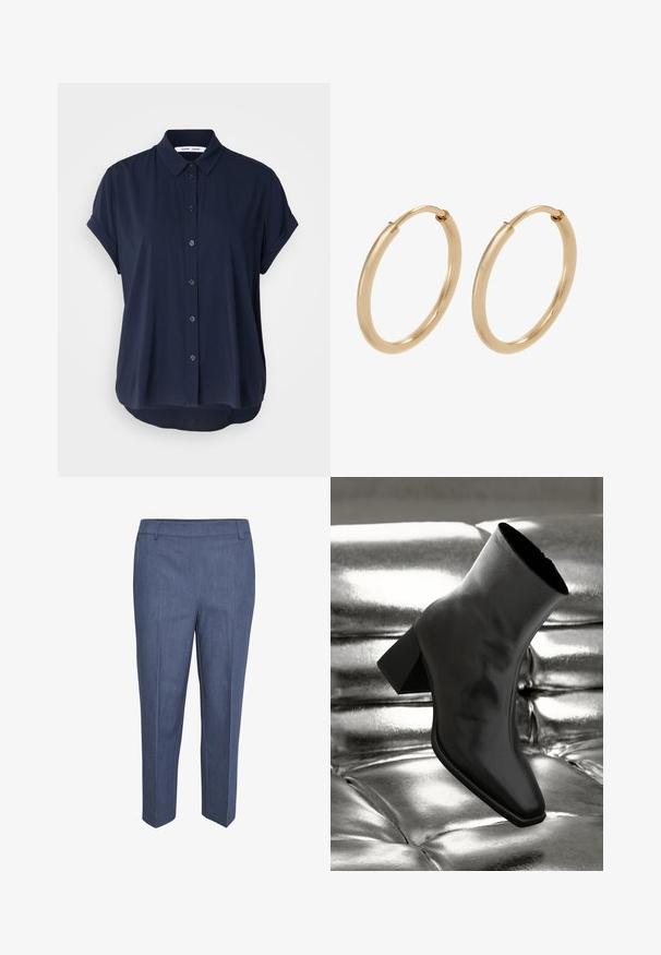 Camisa de botón de manga corta azul marino con cuello, tela suave y dobladillo redondeado. Presenta seis botones en la parte delantera.; Pantalones a medida de tela azul oscura con una sutil textura. Presentan un frente plano, piernas rectas y una cintura de altura media. Sin bolsillos visibles.; Botín negro de tobillo hecho de material brillante, con punta cuadrada y tacón cónico, contra un fondo plateado brillante con almohadillado.; Pendientes de aro de oro con un acabado suave y pulido. Forma redondeada, tamaño mediano, con un mecanismo de cierre seguro.