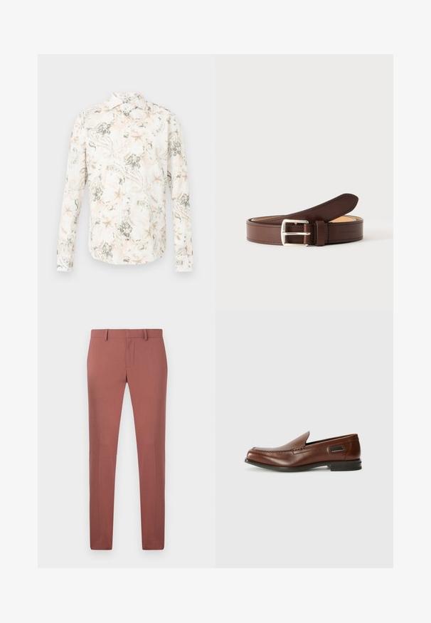 Camisa de manga larga con botones, con un patrón floral y de cachemira en tonos beige pálido, gris y durazno claro sobre fondo blanco.; Pantalones a medida en color rojo ladrillo, fabricados con una tela suave, con un corte recto, cinturas con presillas y un cierre frontal de cremallera con botón.; Stuart Weitzman BURT - Zapatos sin cordones - auburn; Cinturón de cuero marrón con hebilla rectangular plateada enrollado sobre un fondo gris claro, mostrando costuras detalladas a lo largo de los bordes.
