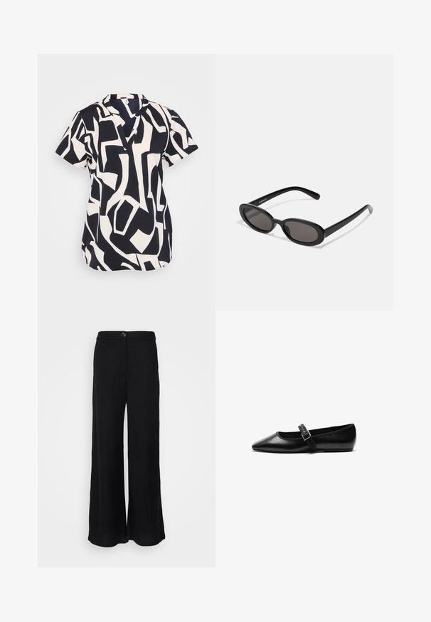 Blusa de manga corta en azul marino y crema con un patrón geométrico abstracto, con un escote en pico y un corte relajado. Tejido texturizado.; Pantalones de pierna ancha negros hechos de una tela ligera, con una textura suave, cierre de botón en la parte delantera y bolsillos laterales.; Zapato plano negro de cuero con punta afilada, correa ajustable con hebilla de metal, textura suave y diseño minimalista.; Even&Odd Gafas de sol - black