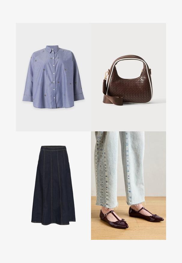 Camisa azul de botones con rayas verticales blancas y pequeños diseños bordados de abejas, con cuello clásico y mangas tres cuartos.; Falda A de mezclilla oscura con una cinturilla ancha, costuras visibles y un dobladillo acampanado. No tiene bolsillos ni adornos.; Zapatillas de ballet brillantes en color burdeos con tira en T y detalle de lazo en la punta. Combinadas con vaqueros de mezclilla azul claro y corte cropped.; Bolso de mano de piel trenzada marrón con ribete blanco, cremallera dorada y correa de hombro de tela marrón desmontable.