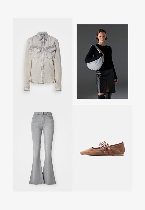 Lysvasket denimskjorte med spidse kraver, to brystlommer og knaplukning. Har kontrastsyet og frynset kant.; Højtaljede lysegrå denim jeans med flared ben, frontknap, lynlås og for- samt baglommer.; Brun ruskinds flatsko med spids tå og to justerbare læderremme med sølvspænder på siden.; Hobo taske i lysegrå, blødt materiale, rund form. Stylet med en sort langærmet top og en sort lædernederdel med en forkantsslids.