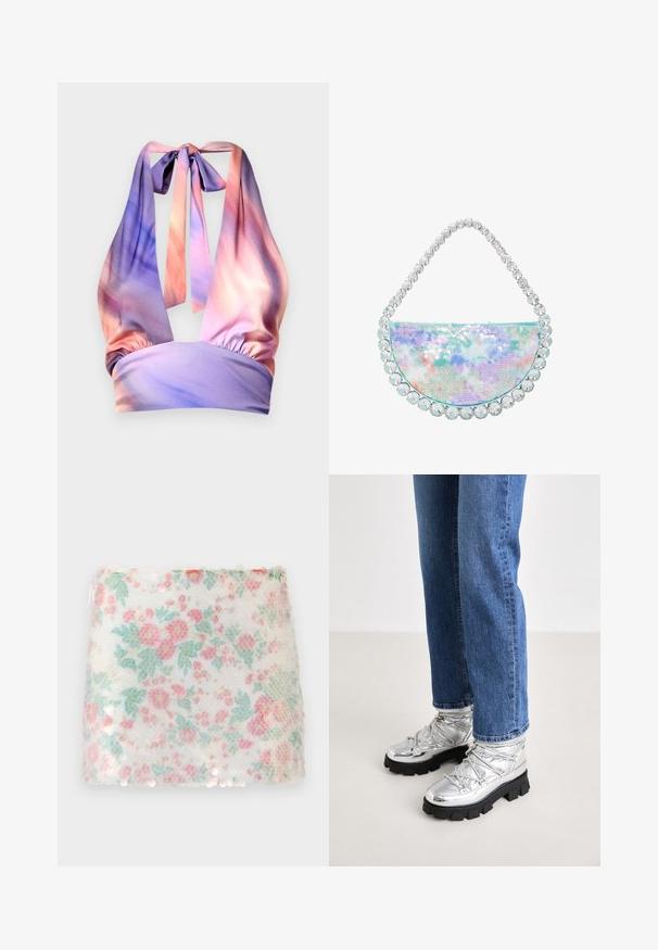 Halterneck top i blødt stof med nuancer af pastelpink og lilla, med sammensamlet elastisk bånd og stropper bagpå.; Hvidt stof med blomstermønster i pastelfarvet pink og grønne blomster, der har en struktureret overflade og diskrete palietter langs bunden.; Metallic sølv ankelstøvler med en robust sort sål, der har en polstret overdel og snørebånd, kombineret med blå lige ben jeans.; Halvmåne håndtaske med iriserende pailletter i pastelfarver, udsmykket med en række klare krystaludsmykninger langs den øverste kant.