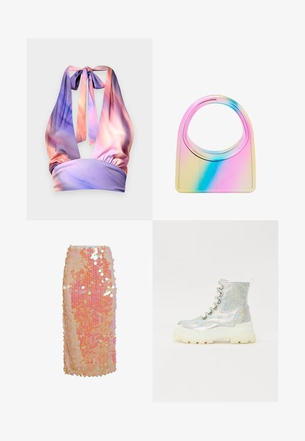 Halterneck top i blødt stof med nuancer af pastelpink og lilla, med sammensamlet elastisk bånd og stropper bagpå.; Pailletteret nederdel i gradient nuancer af fersken og pink, med cirkulære pailletter og en tætsiddende silhuet. Glat tekstur med reflekterende accenter.; Sølv glitrende ankelstøvler med en chunky hvid sål, der har runde snørebånd og en løkke bagpå. Glat, reflekterende overflade.; Gennemsigtig, rektangulær tote taske med en gradient af pink, blå og gul farver. Har et stort rundt håndtag og en glat, elegant tekstur.