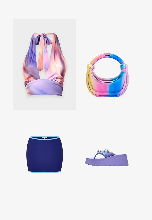 Halterneck top i blødt stof med nuancer af pastelpink og lilla, med sammensamlet elastisk bånd og stropper bagpå.; Mørkeblå mini nederdel med lyseblå kant på toppen og bunden, præsenteret på en hvid baggrund.; Lilla flip-flop sandal med sølv sommerfugledekorationer på remmen og en struktureret sål.; En regnbuefarvet håndtaske med en glat, blank finish, der har en rund form og metalliske detaljer ved håndtagene.