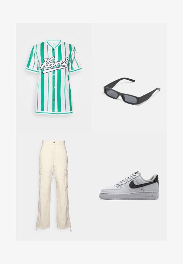 Lühikeste varrukatega särk roheliste ja valgete vertikaalsete triipudega, ümmarguse kaelusega, preseppnuppude ja musta tikitud "Kani" logoga.; Guess Originals GO DAVID PANT - Püksid - off-white; Valge nahast toss, hallide detailidega, ümmarguse varbaga, tekstuurse pinnaga, pehmendatud krae ja kontrastses mustas värvuses Swoosh logo. Õhkpadjaga tald.; Mustad ristkülikukujulised prillid tumepruunide objektiividega ja paksude mattmustade raamidega. Raamide varred on veidi kitsenenud ja neil on sile tekstuur.